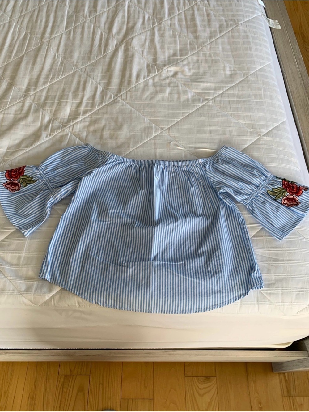 Ambiance Light Blue and White Striped Off-Shoulder Blouse - Picture 3 of 6